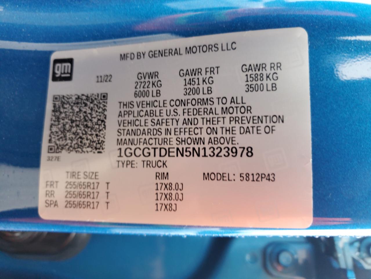 2022 Chevrolet Colorado Z71 VIN: 1GCGTDEN5N1323978 Lot: 90307725