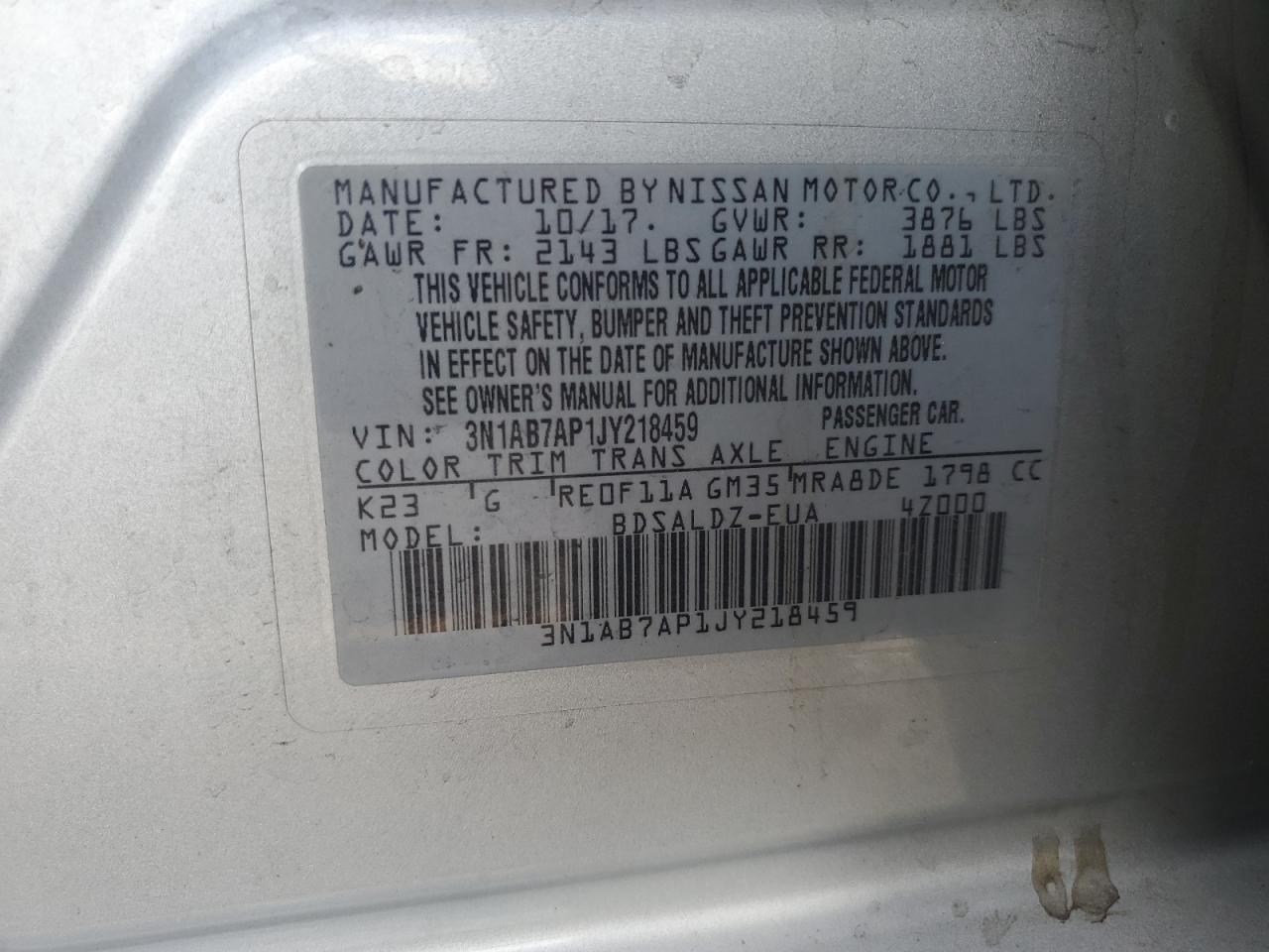 2018 Nissan Sentra S VIN: 3N1AB7AP1JY218459 Lot: 85947305