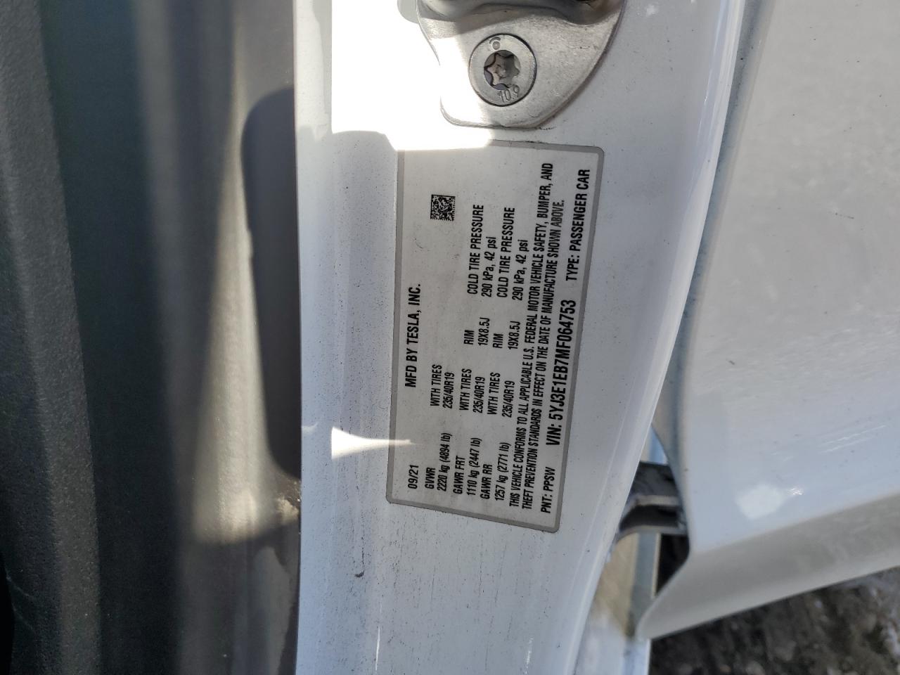 2021 Tesla Model 3 VIN: 5YJ3E1EB7MF064753 Lot: 84450755