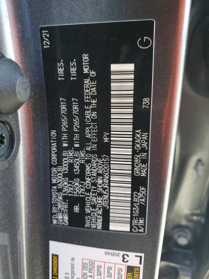 2022 Toyota 4Runner Sr5/Sr5 Premium VIN: JTENU5JR4N6020157 Lot: 82191295