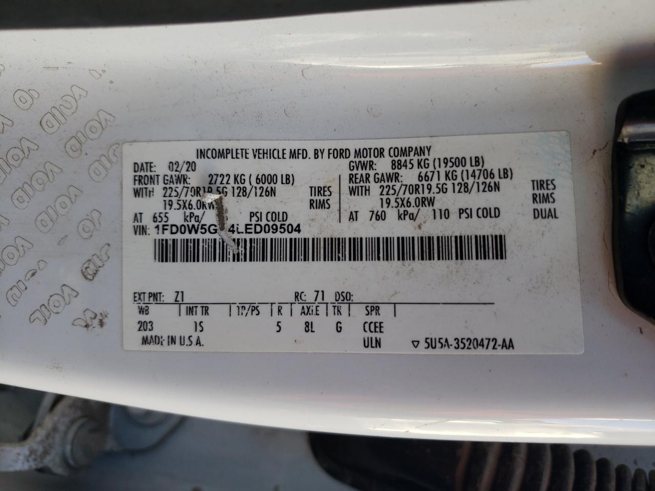 2020 Ford F550 Super Duty VIN: 1FD0W5GN4LED09504 Lot: 87467135