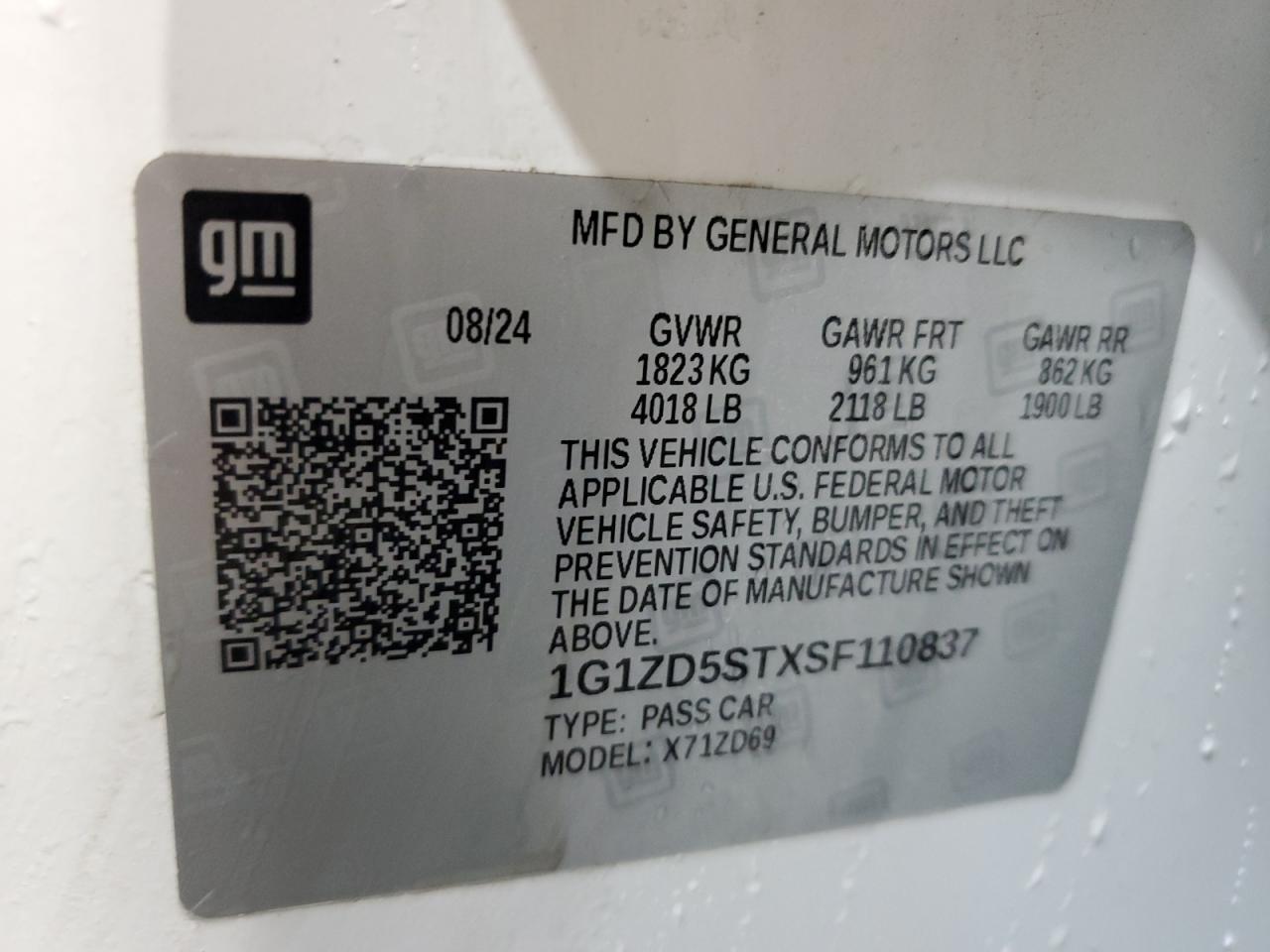 2025 Chevrolet Malibu Lt VIN: 1G1ZD5STXSF110837 Lot: 85004095