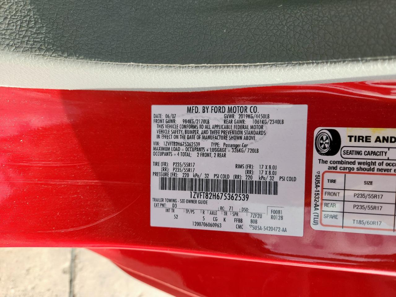 2007 Ford Mustang Gt VIN: 1ZVFT82H675362539 Lot: 85508945