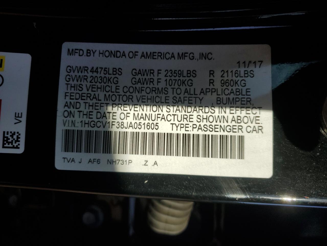 2018 Honda Accord Sport VIN: 1HGCV1F38JA051605 Lot: 90216005