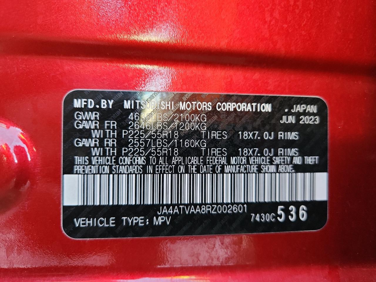 2024 Mitsubishi Eclipse Cross Le VIN: JA4ATVAA8RZ002601 Lot: 82346395