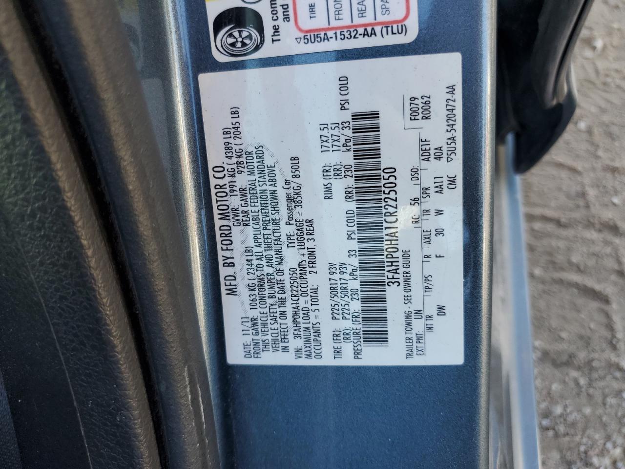 2012 Ford Fusion Se VIN: 3FAHP0HA1CR225050 Lot: 84608375