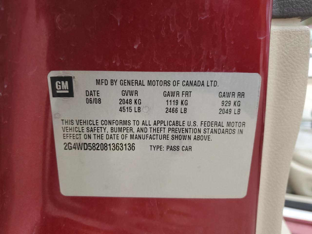 2008 Buick Lacrosse Cxl VIN: 2G4WD582081363136 Lot: 89901265