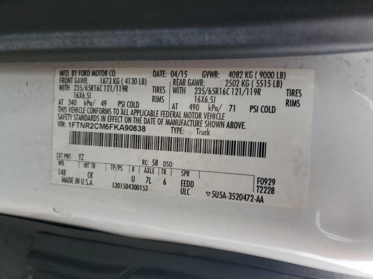 2015 Ford Transit 250 Delivery Van VIN: 1FTNR2CM6FKA90838 Lot: 89876425