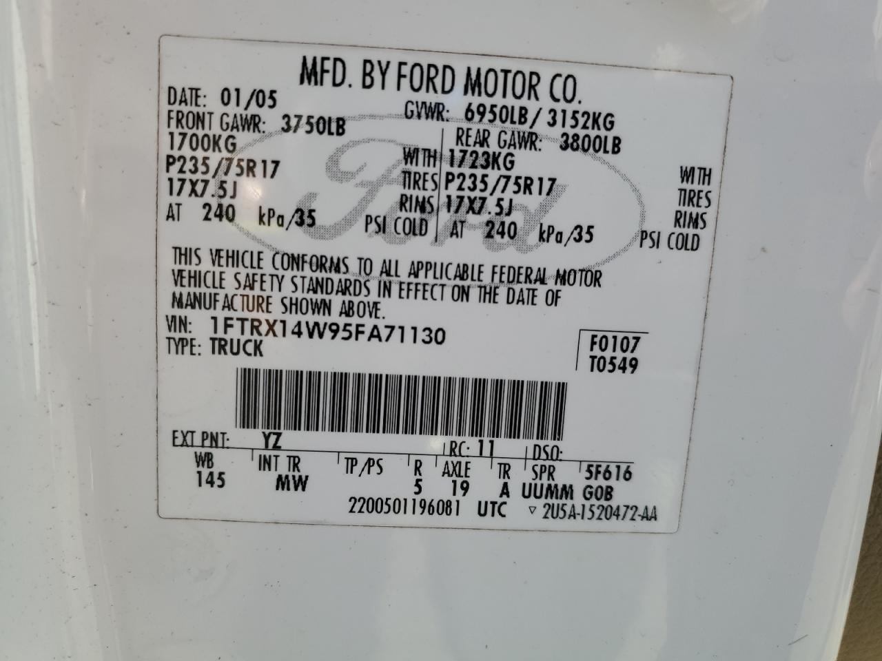 2005 Ford F150 VIN: 1FTRX14W95FA71130 Lot: 90699345