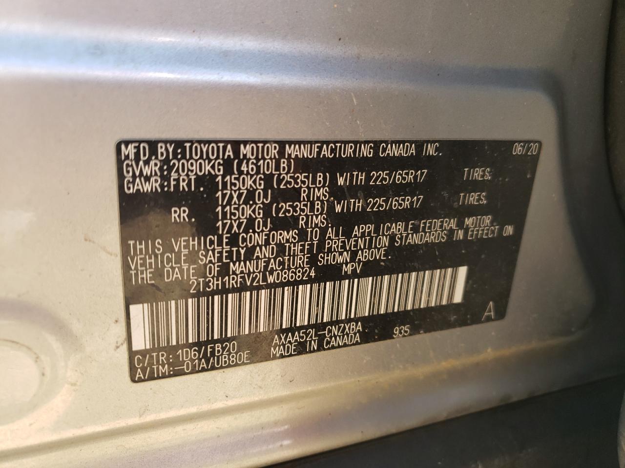 2020 Toyota Rav4 Le VIN: 2T3H1RFV2LW086824 Lot: 86728725