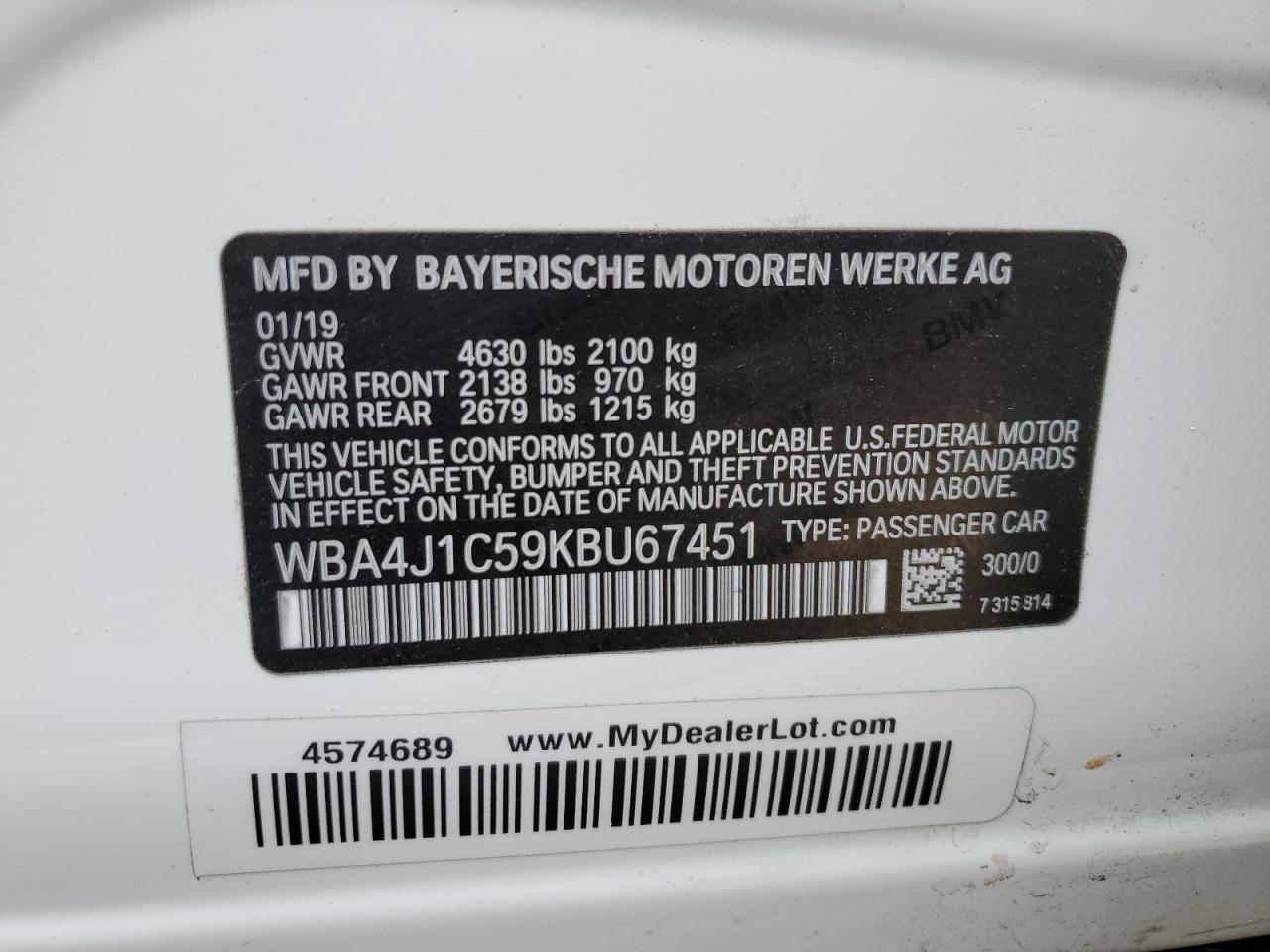 2019 BMW 430I Gran Coupe VIN: WBA4J1C59KBU67451 Lot: 85092735