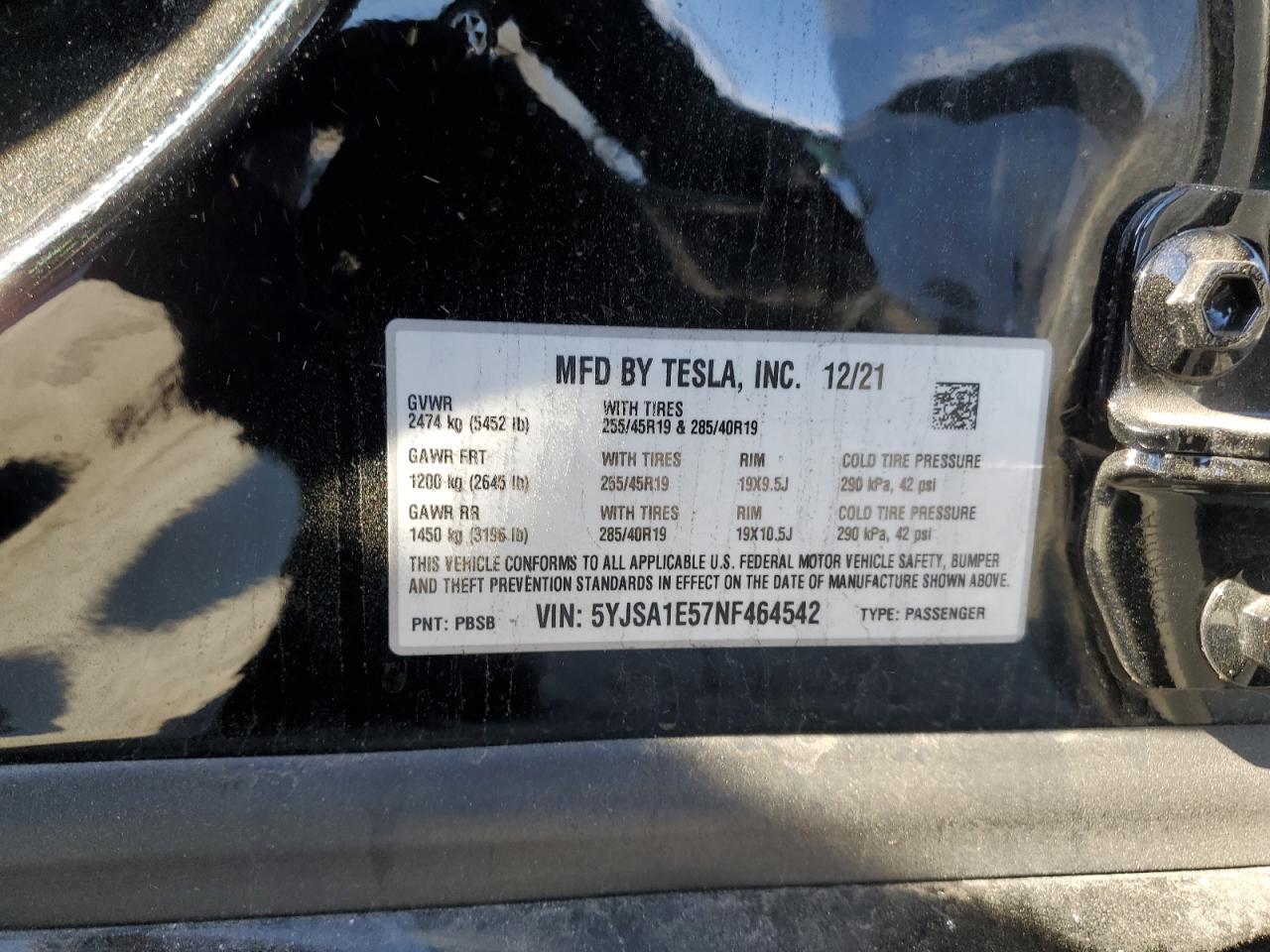 2022 Tesla Model S VIN: 5YJSA1E57NF464542 Lot: 85185455