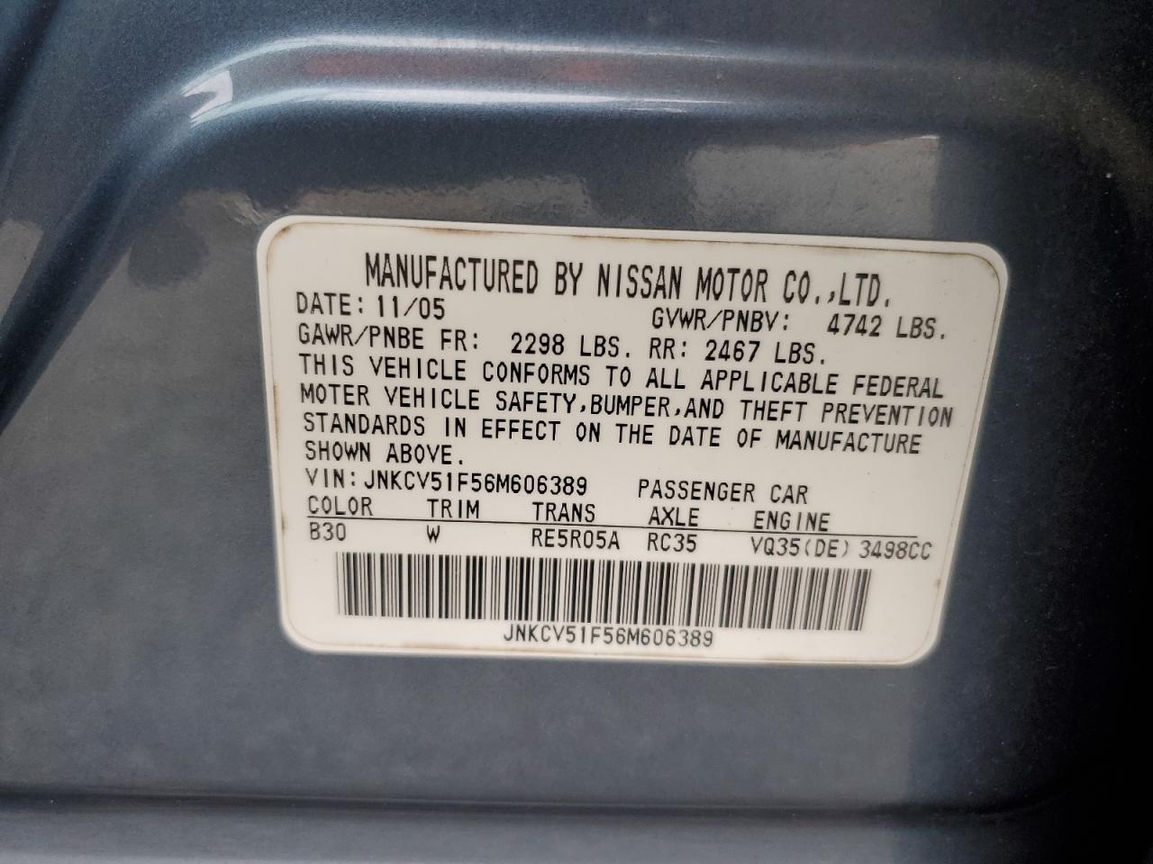 2006 Infiniti G35 VIN: JNKCV51F56M606389 Lot: 84912405