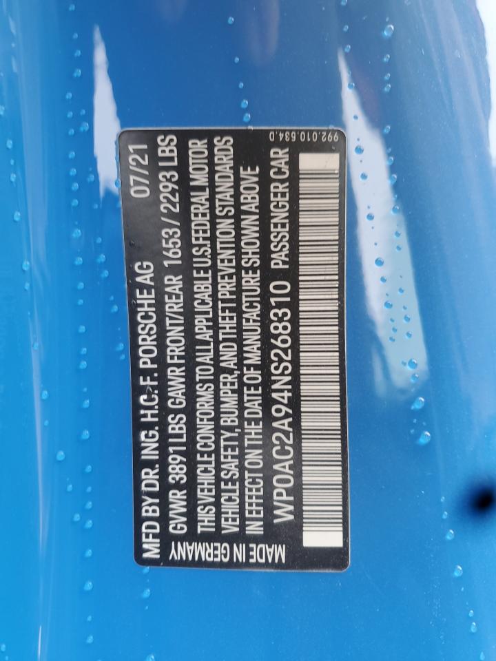 2022 Porsche 911 Gt3 VIN: WP0AC2A94NS268310 Lot: 89821755