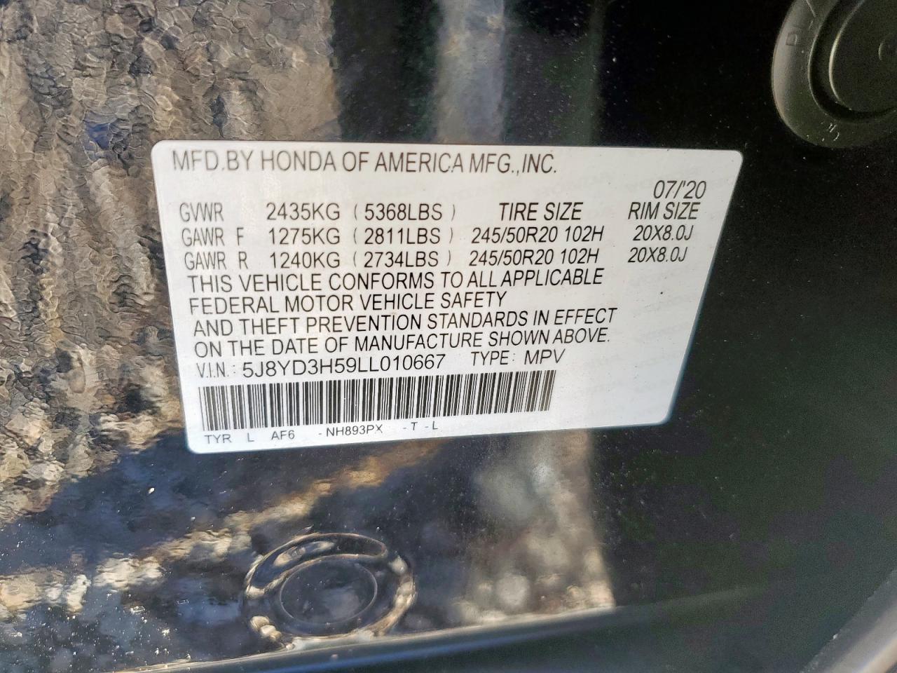 2020 Acura Mdx Technology VIN: 5J8YD3H59LL010667 Lot: 87049325