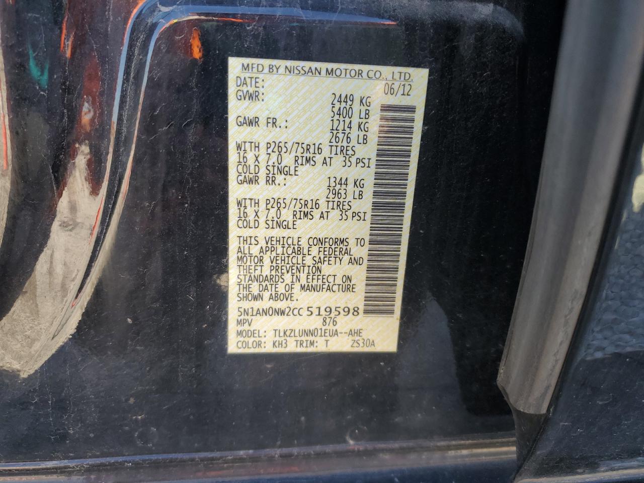 2012 Nissan Xterra Off Road VIN: 5N1AN0NW2CC519598 Lot: 81895485