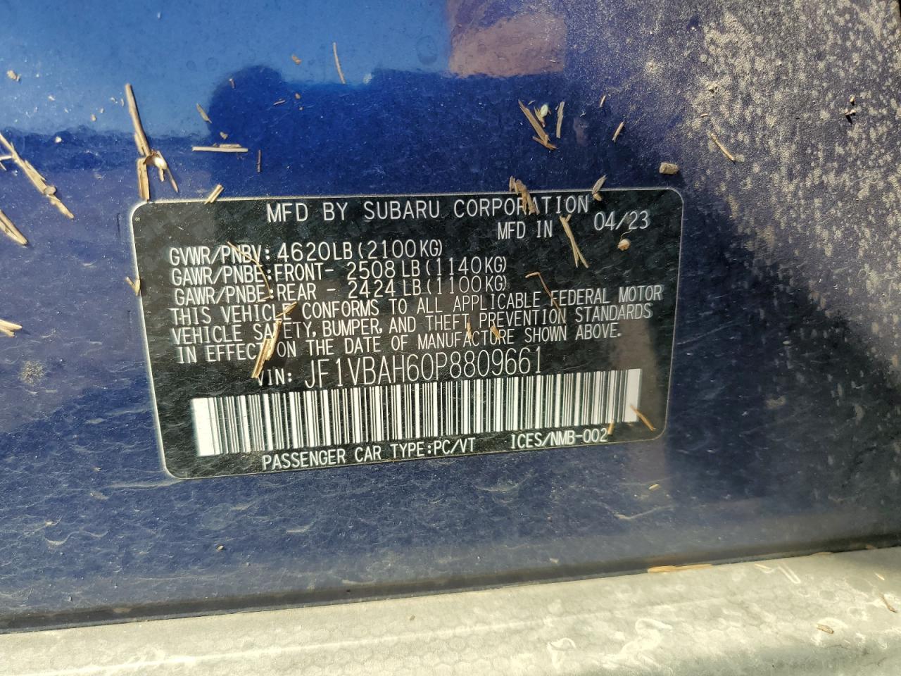 2023 Subaru Wrx Premium VIN: JF1VBAH60P8809661 Lot: 84761945