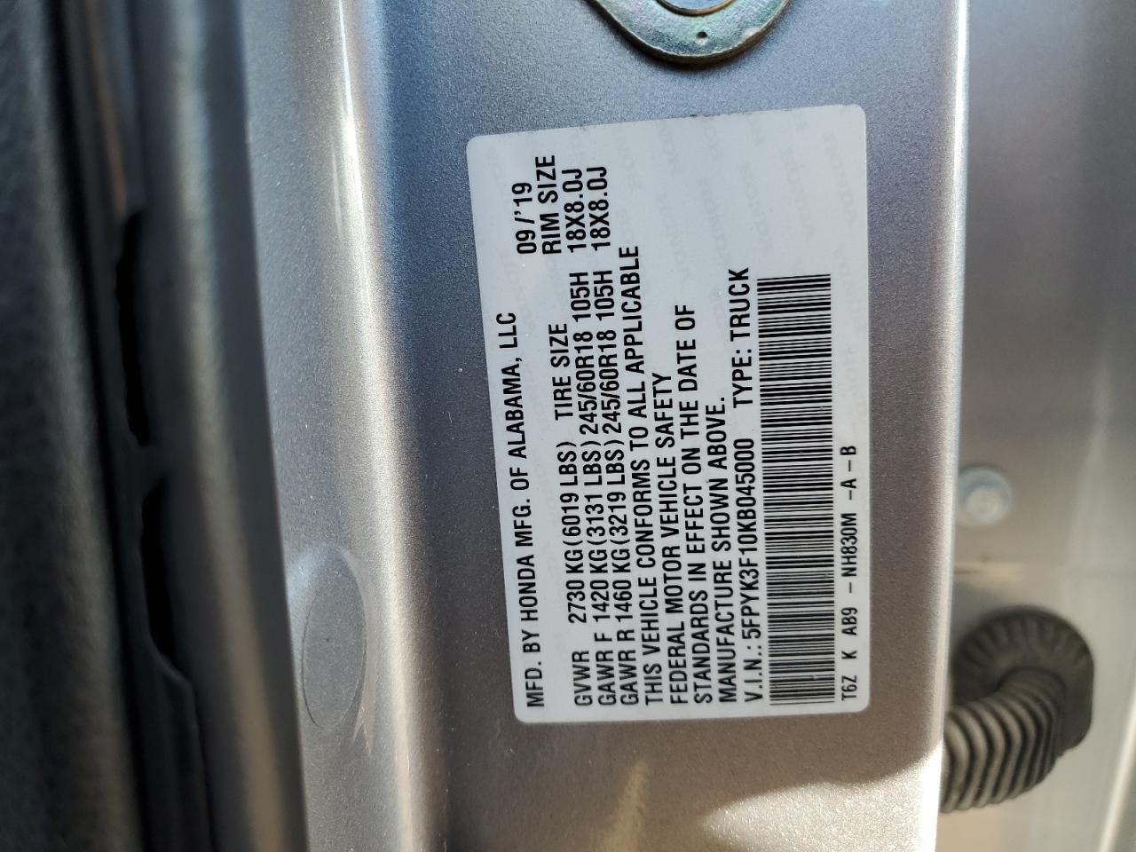 2019 Honda Ridgeline Sport VIN: 5FPYK3F10KB045000 Lot: 85671245