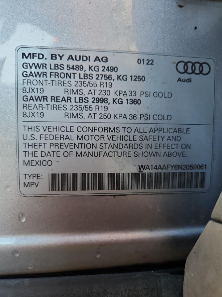 2022 Audi Q5 Sportback Premium 45 VIN: WA14AAFY6N2059061 Lot: 89917975