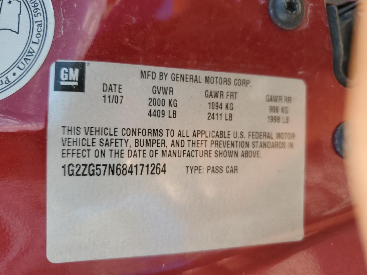 2008 Pontiac G6 Base VIN: 1G2ZG57N684171264 Lot: 82197675