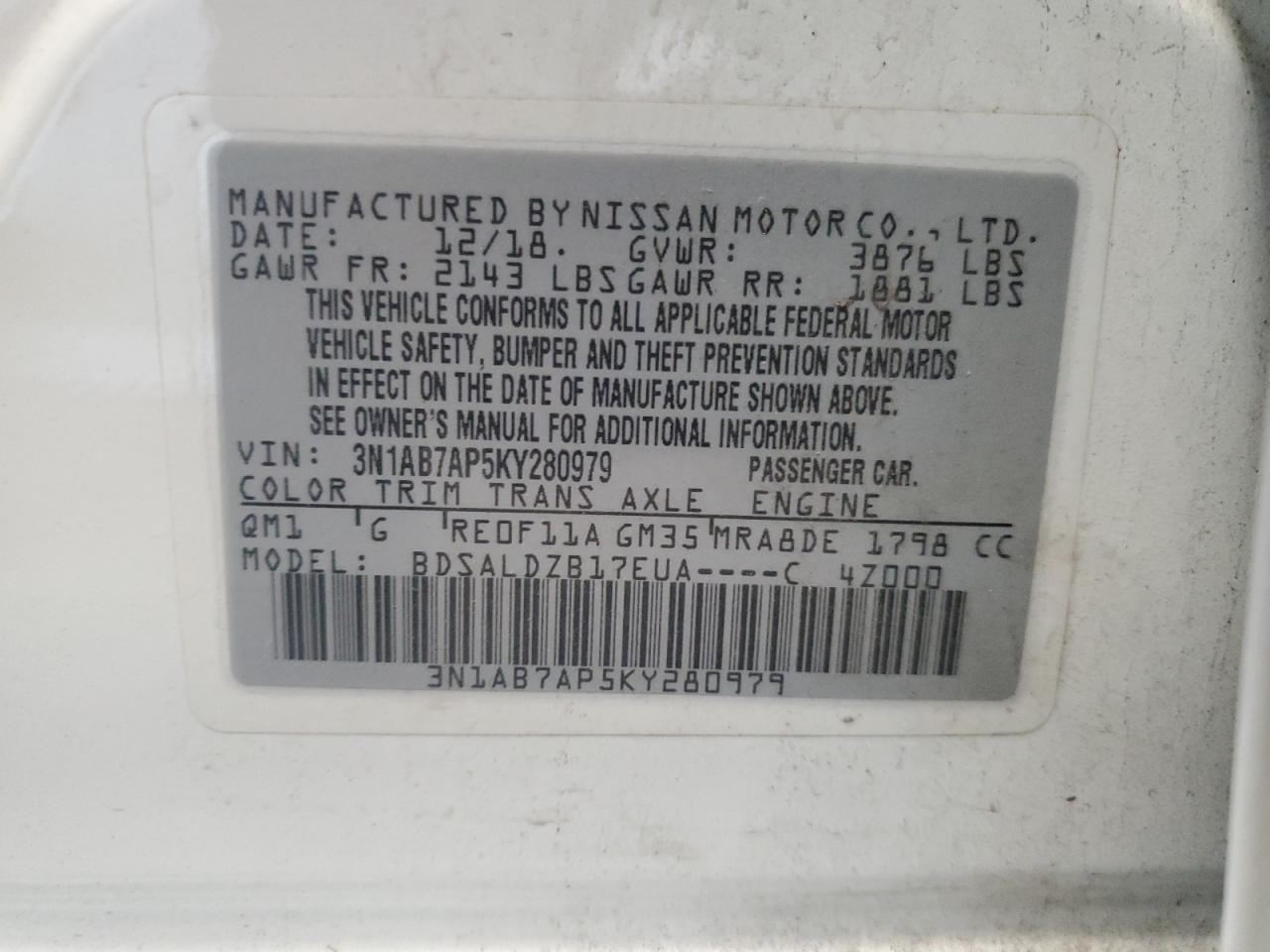 2019 Nissan Sentra S VIN: 3N1AB7AP5KY280979 Lot: 84270945