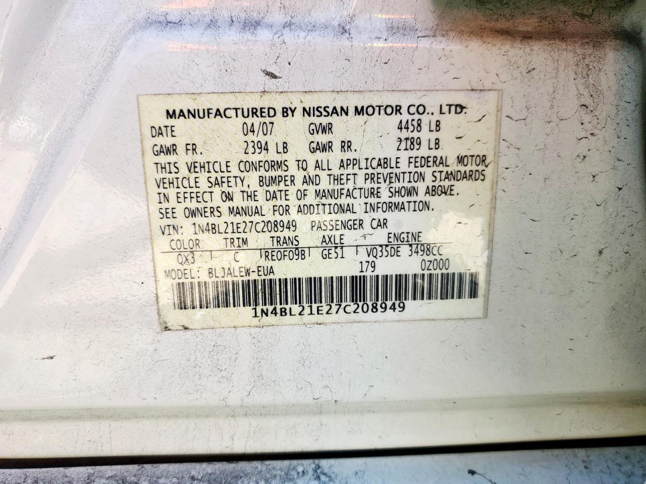 2007 Nissan Altima 3.5Se VIN: 1N4BL21E27C208949 Lot: 90032035