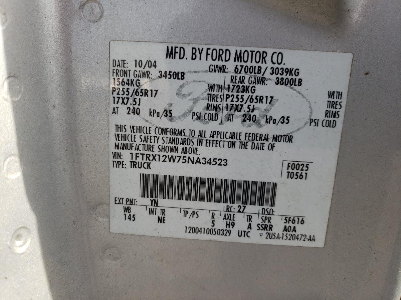 2005 Ford F150 VIN: 1FTRX12W75NA34523 Lot: 84648515