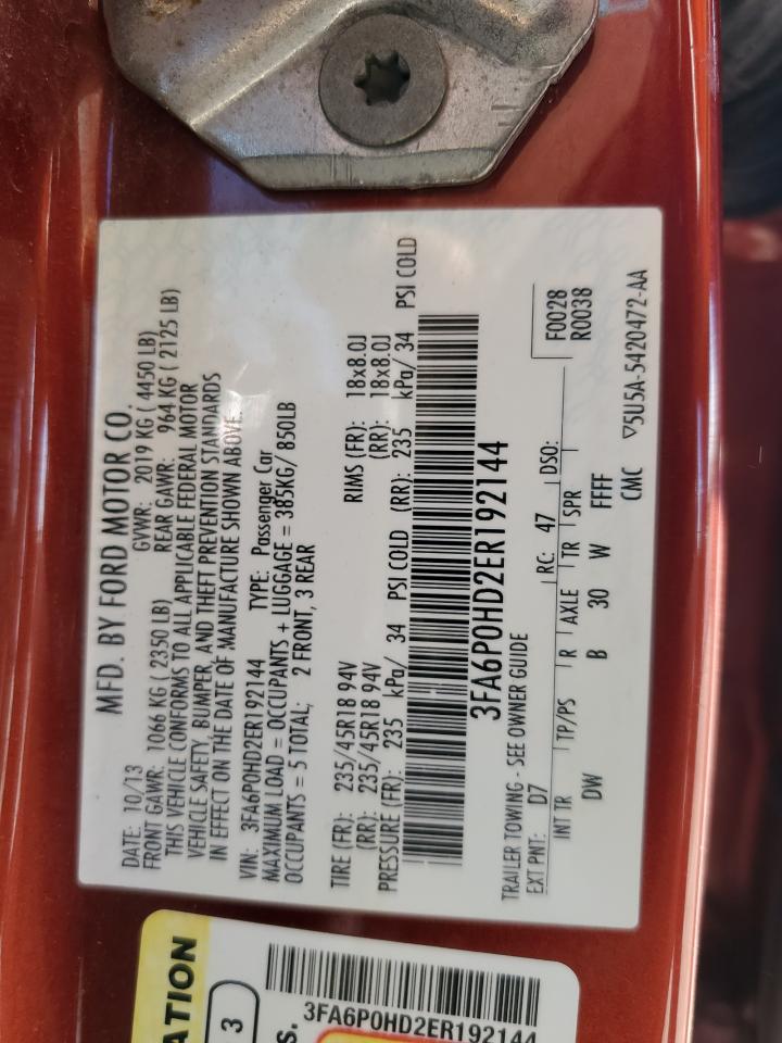 2014 Ford Fusion Se VIN: 3FA6P0HD2ER192144 Lot: 89910885