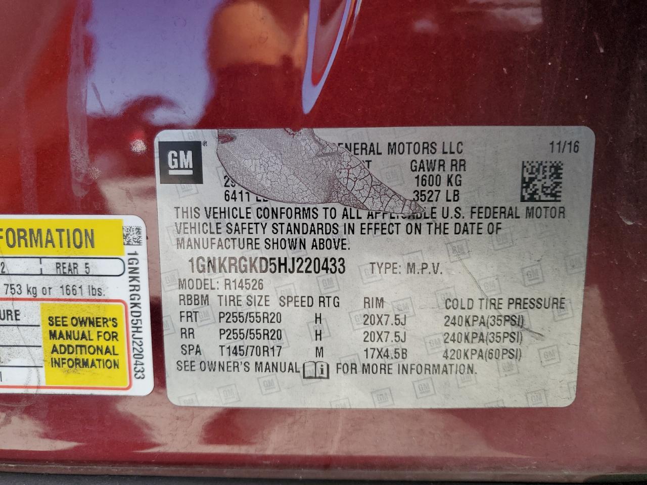 2017 Chevrolet Traverse Lt VIN: 1GNKRGKD5HJ220433 Lot: 85852425