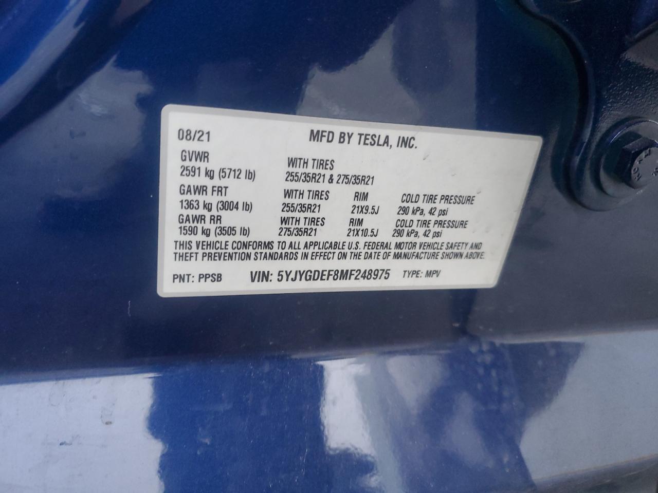 2021 Tesla Model Y VIN: 5YJYGDEF8MF248975 Lot: 90882315