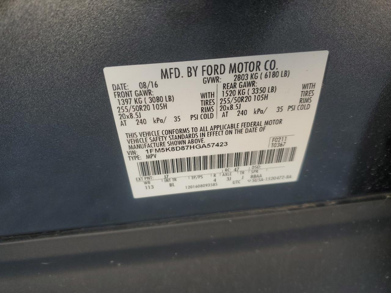 2017 Ford Explorer Xlt VIN: 1FM5K8D87HGA57423 Lot: 85186865