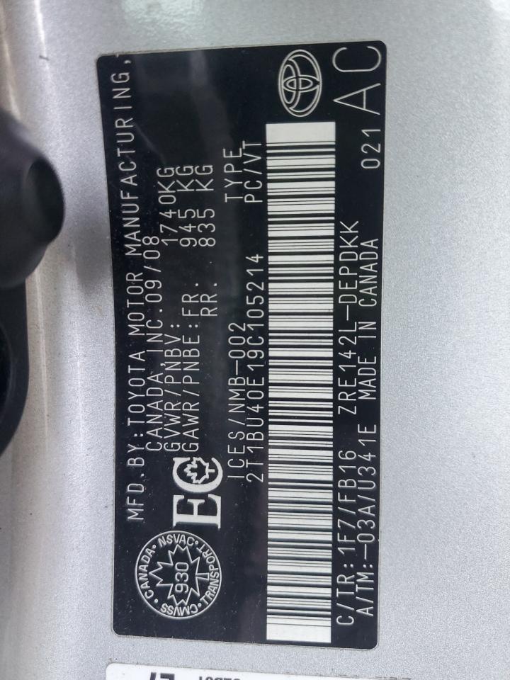 2009 Toyota Corolla Base VIN: 2T1BU40E19C105214 Lot: 84288825