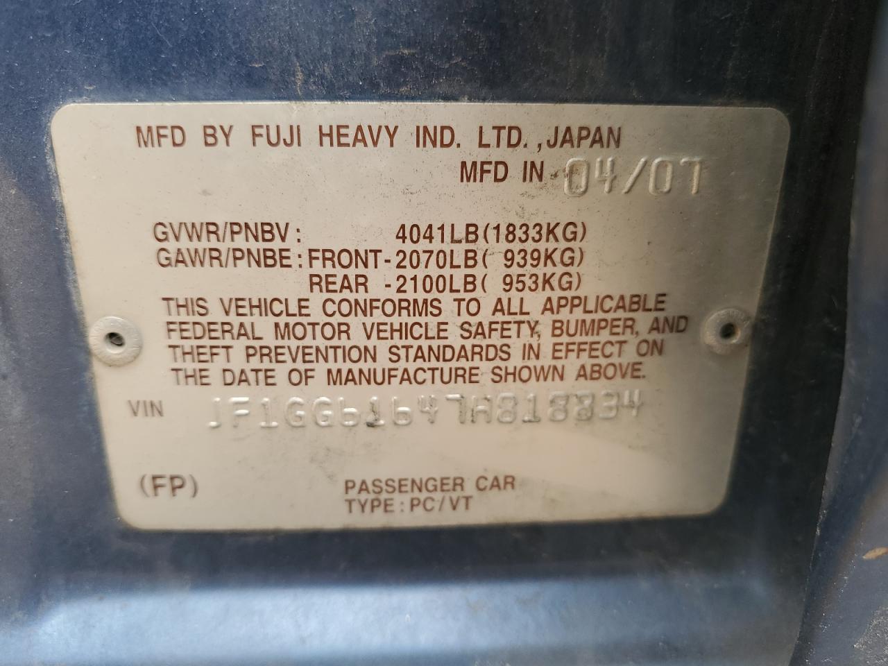 2007 Subaru Impreza 2.5I VIN: JF1GG61647H818834 Lot: 85735635