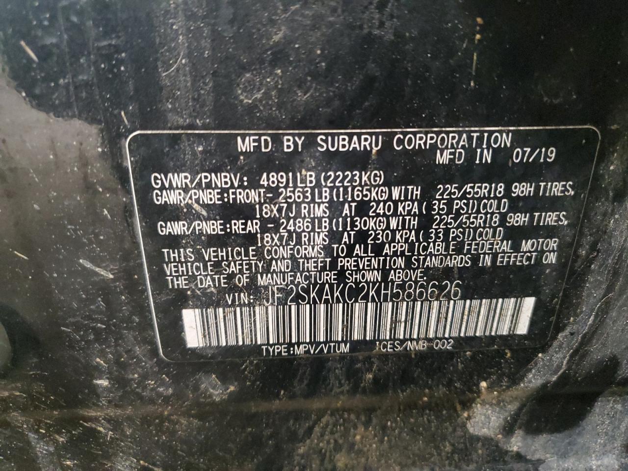 2019 Subaru Forester Sport VIN: JF2SKAKC2KH586626 Lot: 87298625