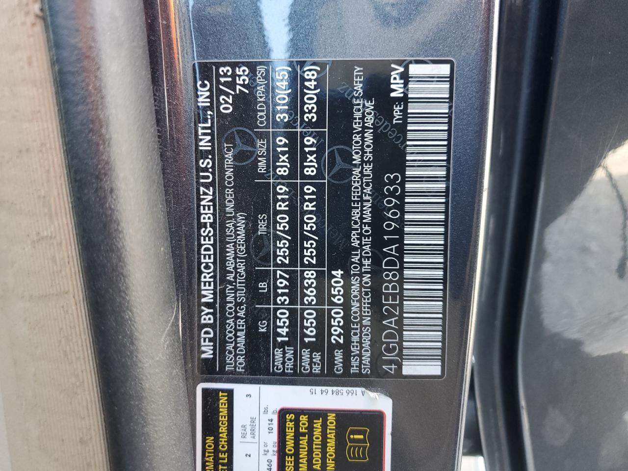 2013 Mercedes-Benz Ml 350 Bluetec VIN: 4JGDA2EB8DA196933 Lot: 86312615