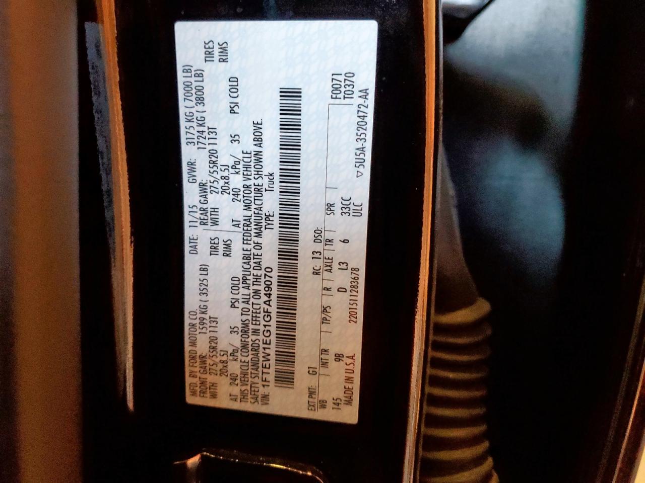 2016 Ford F150 Supercrew VIN: 1FTEW1EG1GFA49070 Lot: 85415555