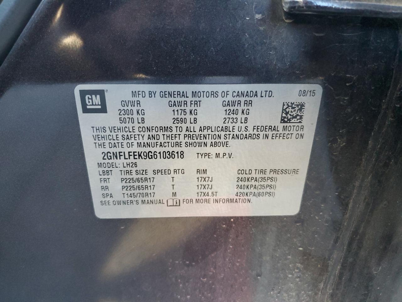 2016 Chevrolet Equinox Lt VIN: 2GNFLFEK9G6103618 Lot: 87234545