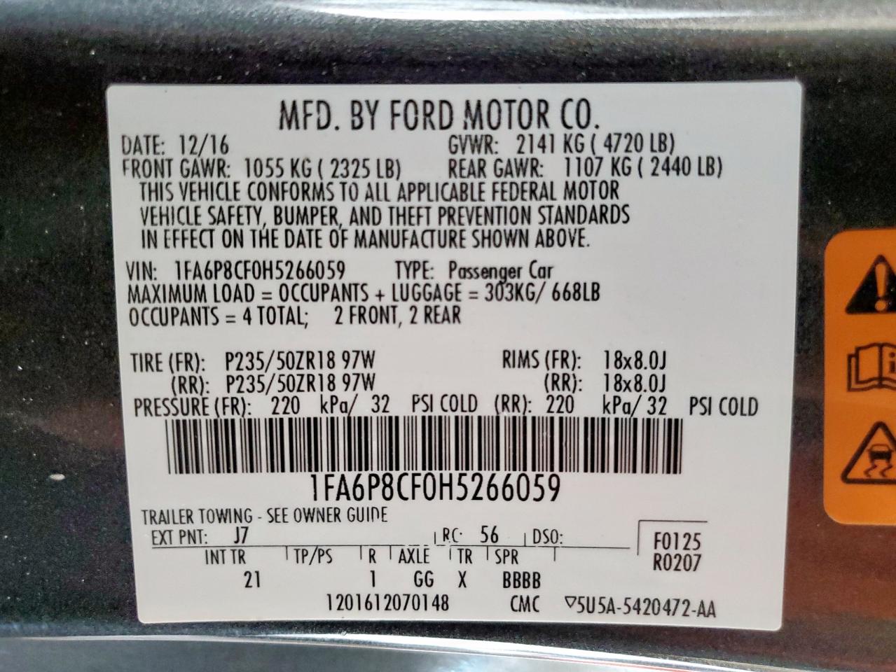 2017 Ford Mustang Gt VIN: 1FA6P8CF0H5266059 Lot: 85376675