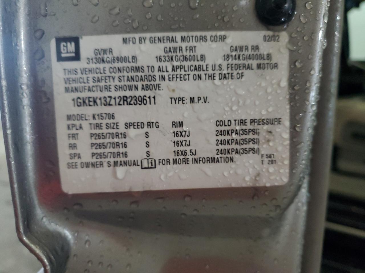 2002 GMC Yukon VIN: 1GKEK13Z12R239611 Lot: 89537345