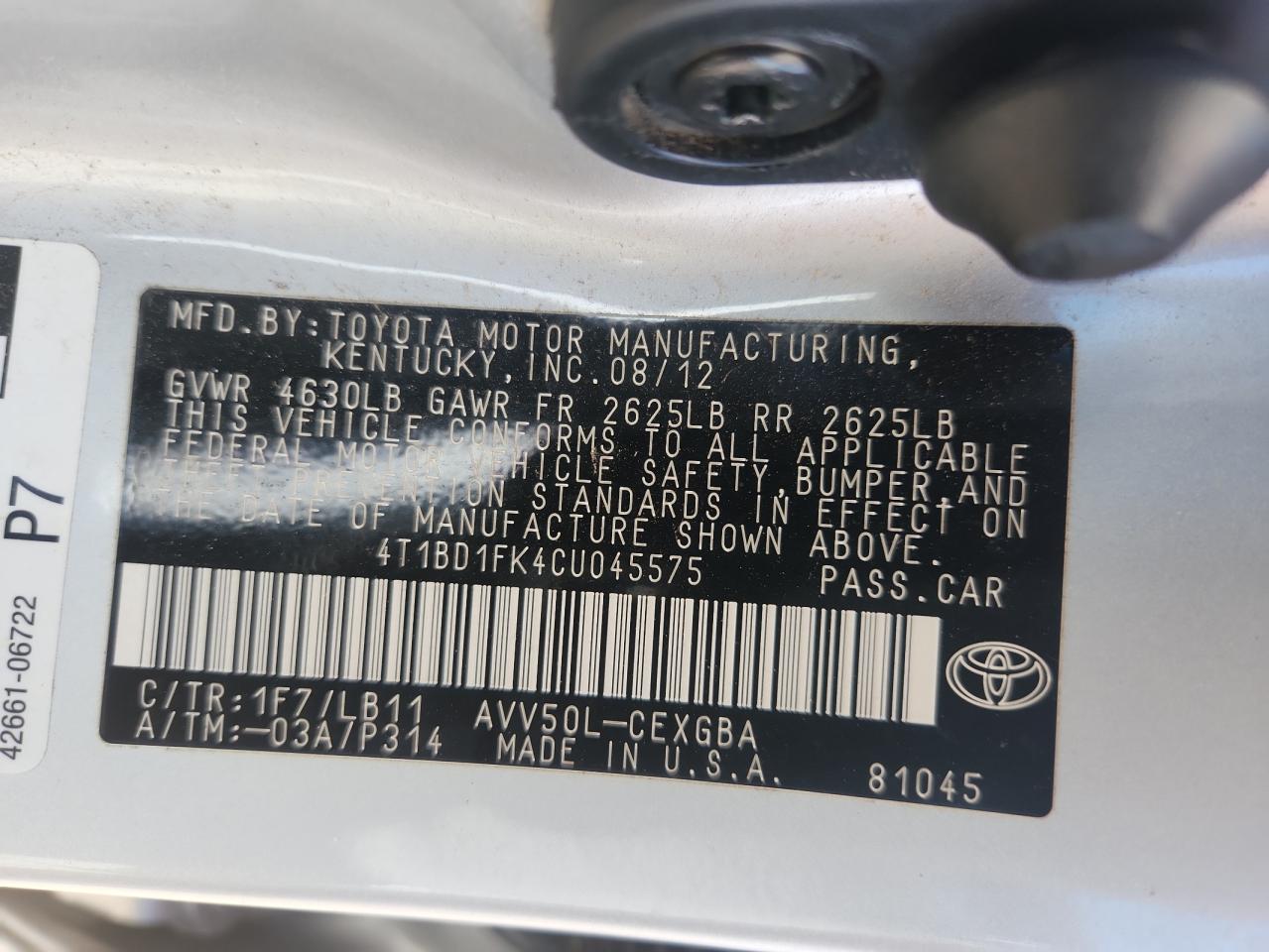 2012 Toyota Camry Hybrid VIN: 4T1BD1FK4CU045575 Lot: 83765285