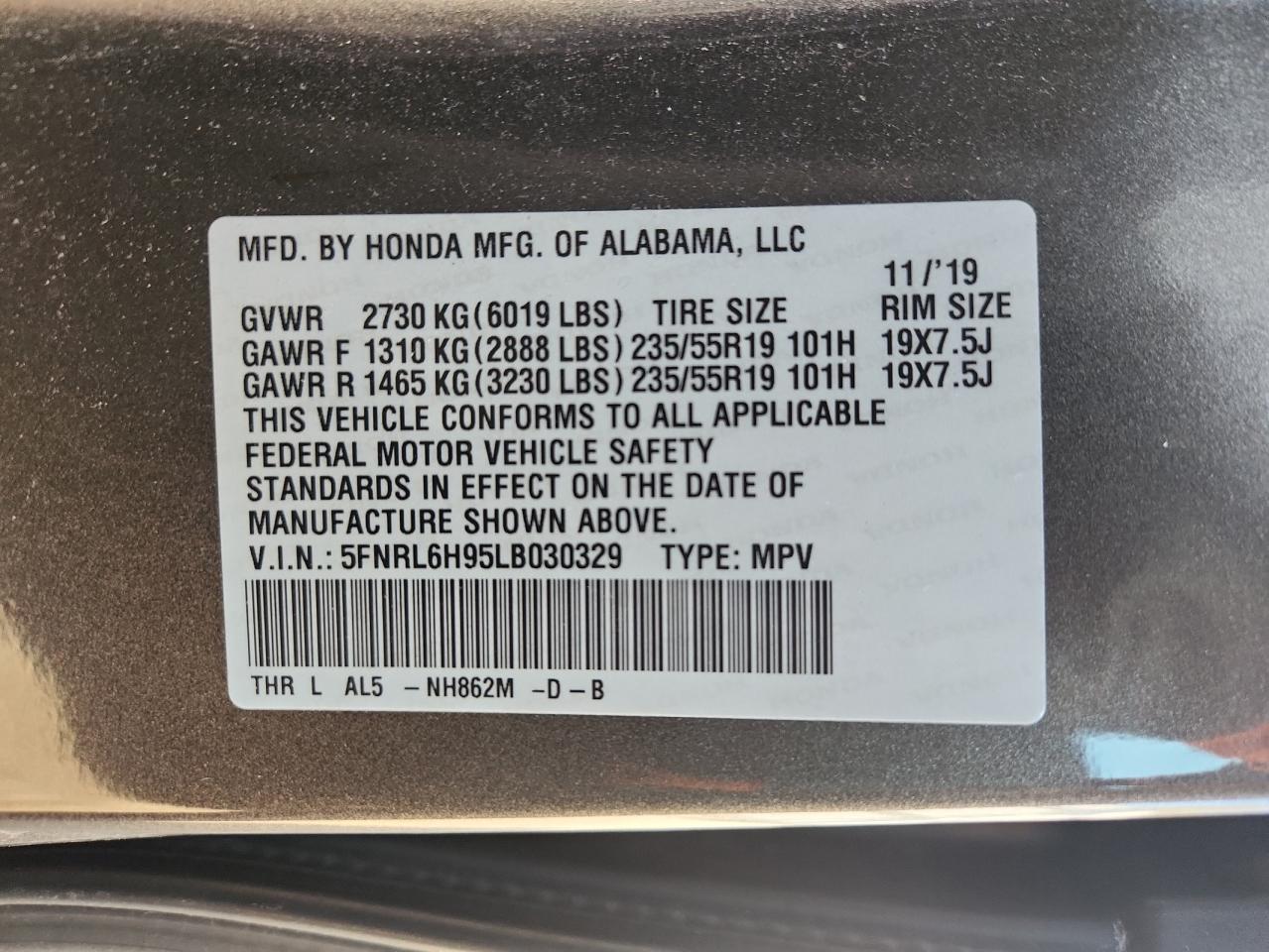 2020 Honda Odyssey Elite VIN: 5FNRL6H95LB030329 Lot: 85602075