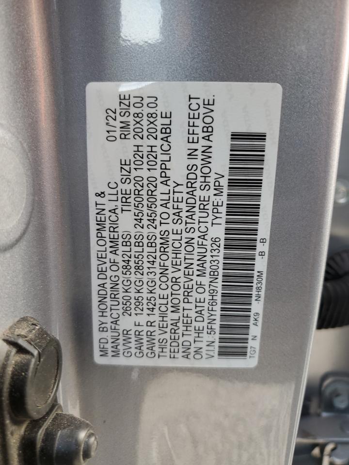 2022 Honda Pilot Touring VIN: 5FNYF6H97NB031326 Lot: 87240805