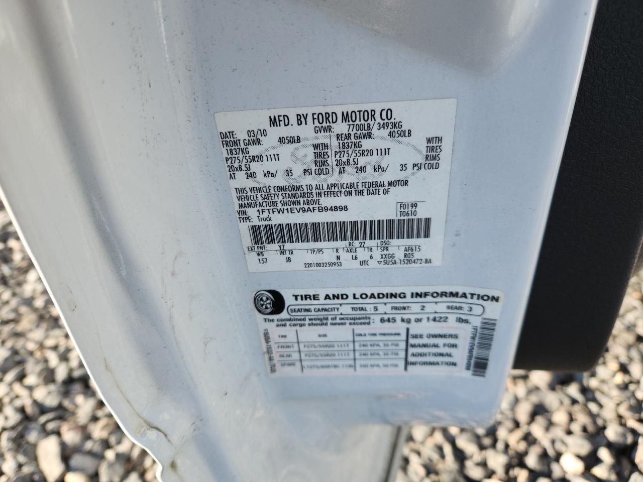 2010 Ford F150 Supercrew VIN: 1FTFW1EV9AFB94898 Lot: 82046665