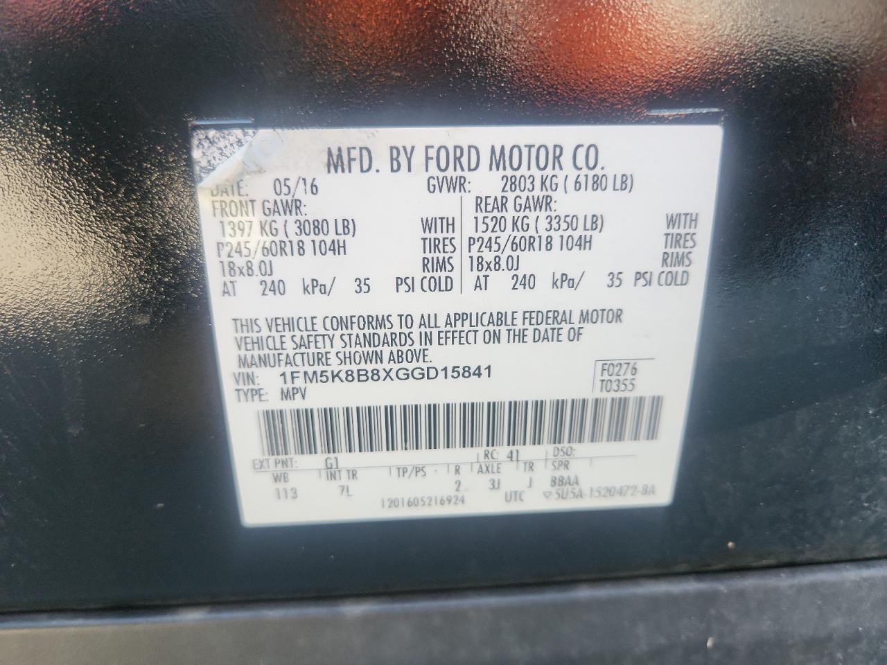 2016 Ford Explorer VIN: 1FM5K8B8XGGD15841 Lot: 90041545