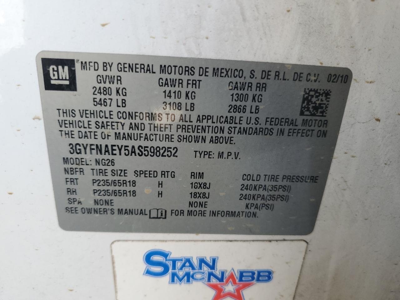 2010 Cadillac Srx Luxury Collection VIN: 3GYFNAEY5AS598252 Lot: 86072465