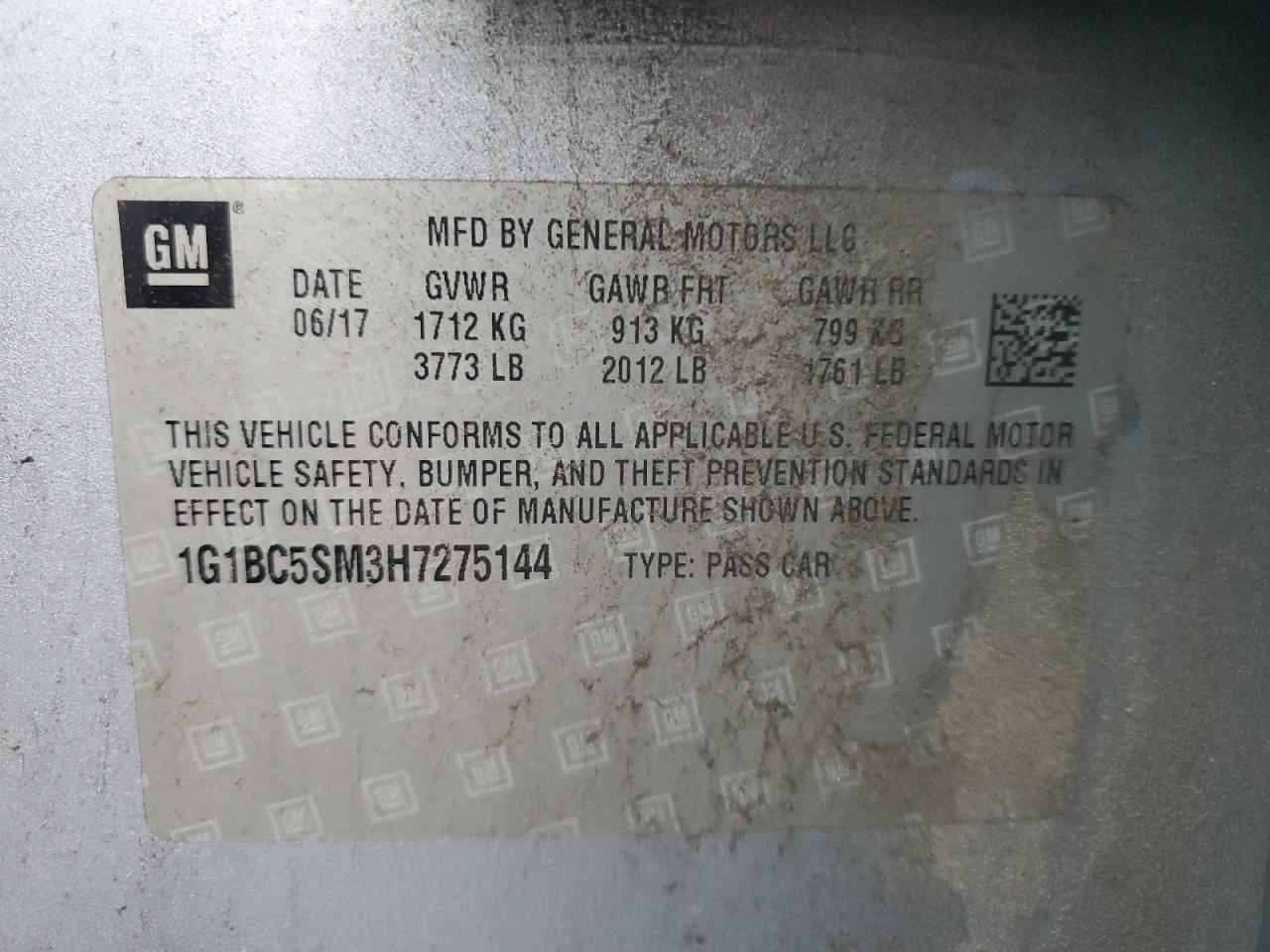 2017 Chevrolet Cruze Ls VIN: 1G1BC5SM3H7275144 Lot: 85737505