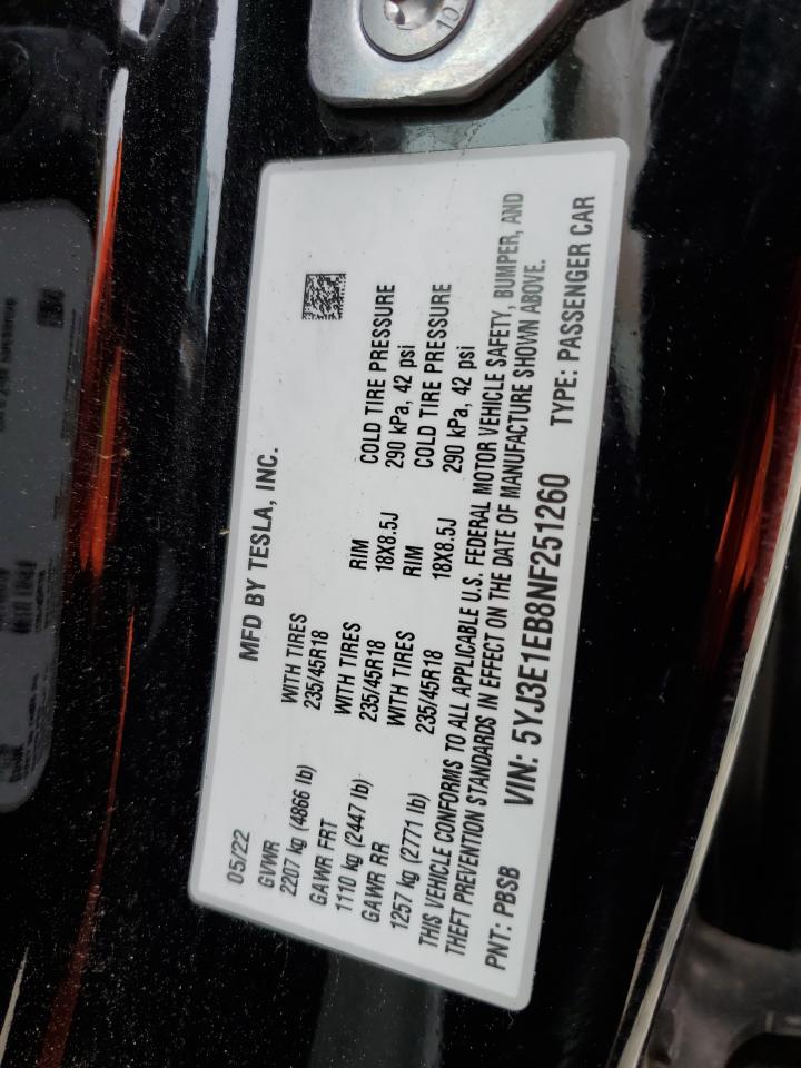 2022 Tesla Model 3 VIN: 5YJ3E1EB8NF251260 Lot: 85704365
