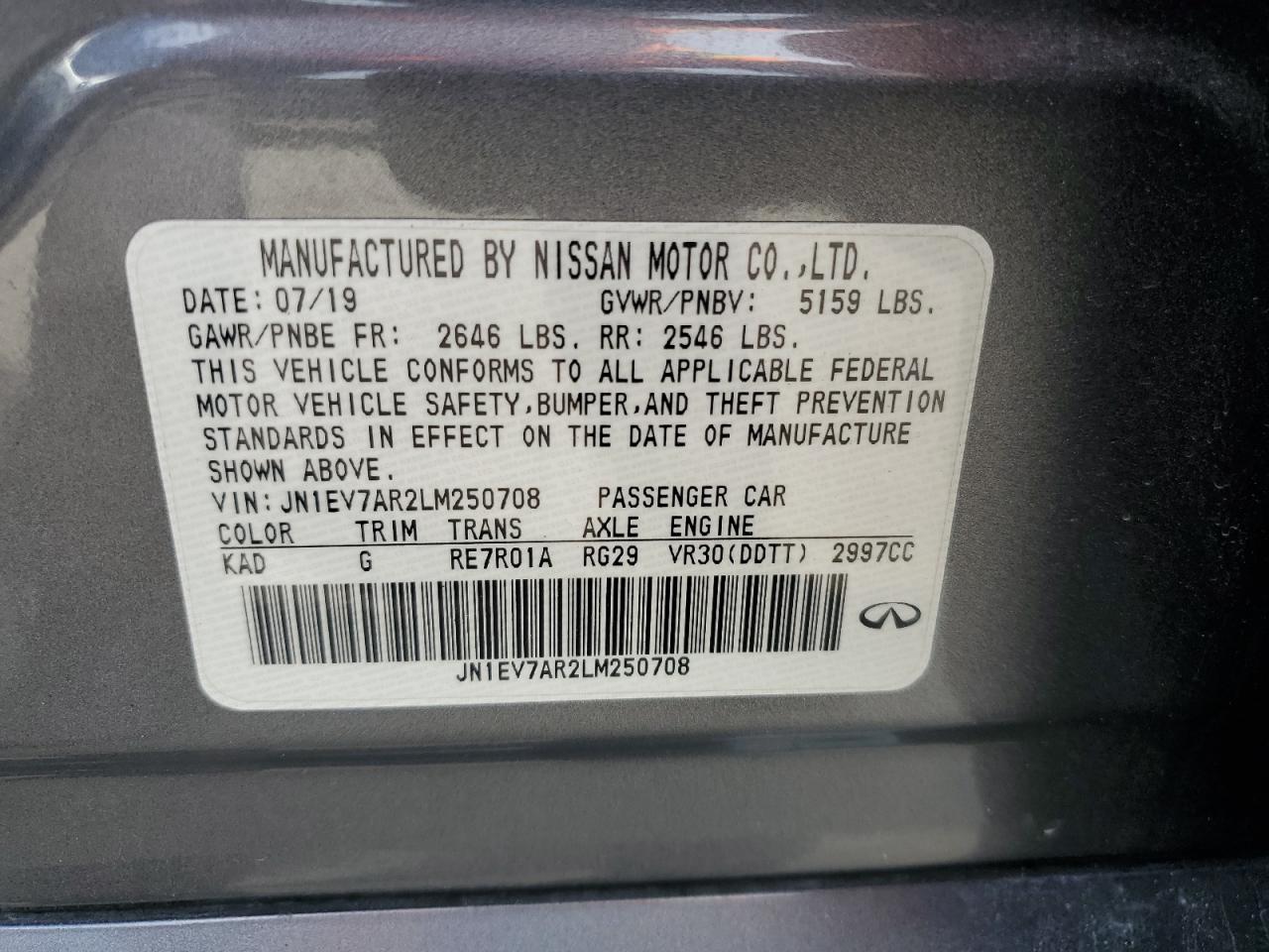 2020 Infiniti Q50 Pure VIN: JN1EV7AR2LM250708 Lot: 86190825