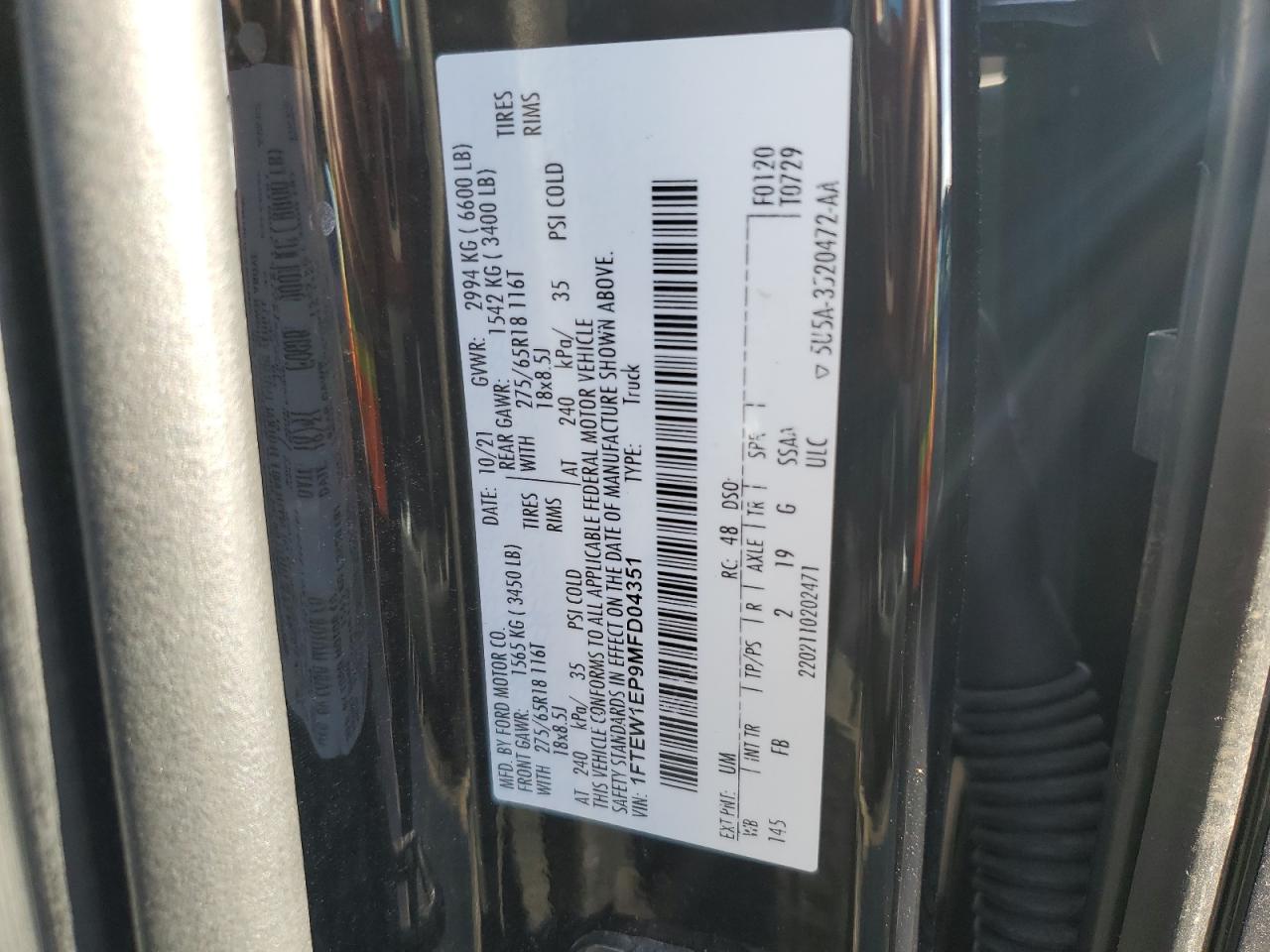 2021 Ford F150 Supercrew VIN: 1FTEW1EP9MFD04351 Lot: 84920675