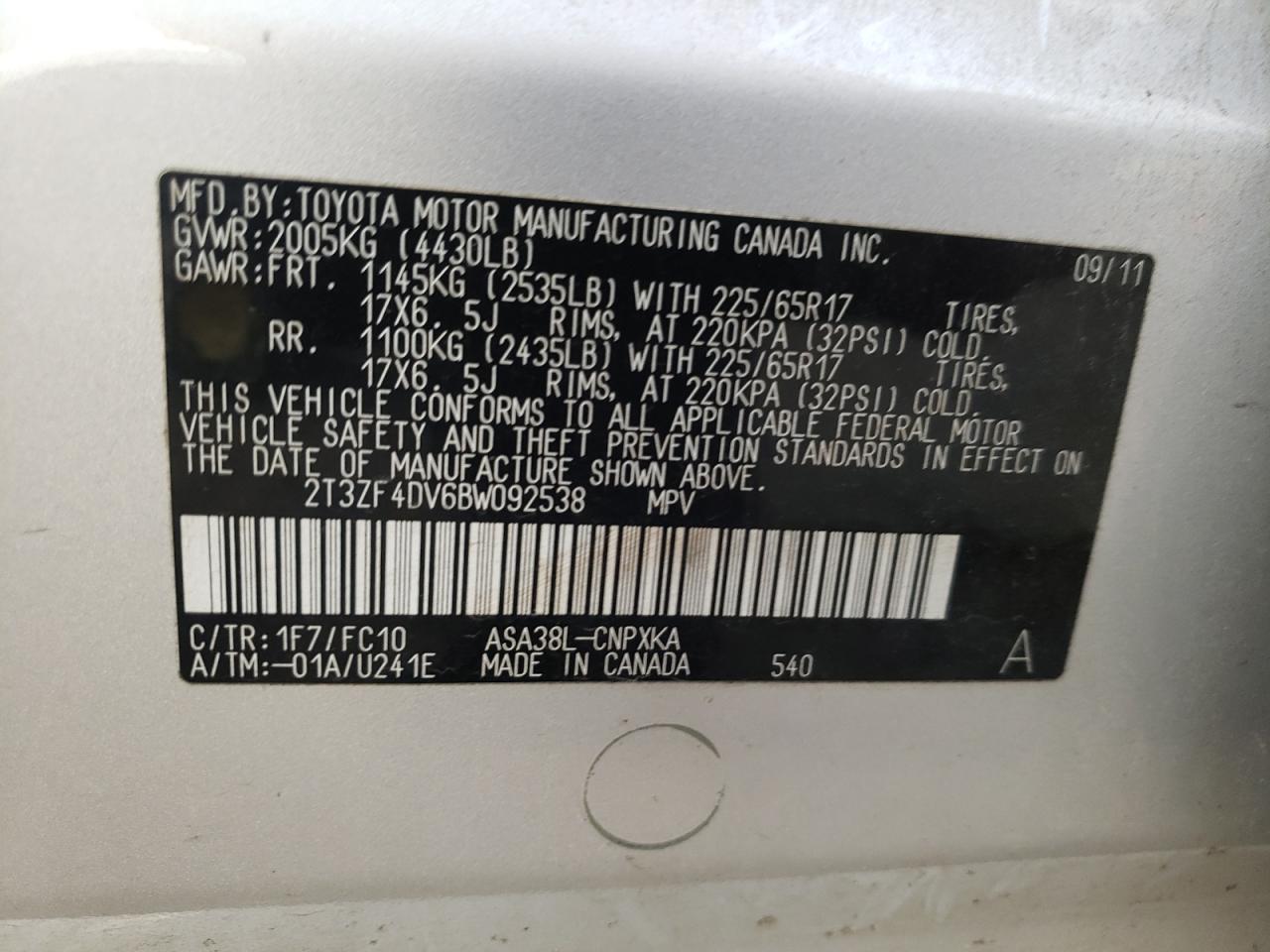 2011 Toyota Rav4 VIN: 2T3ZF4DV6BW092538 Lot: 81944645